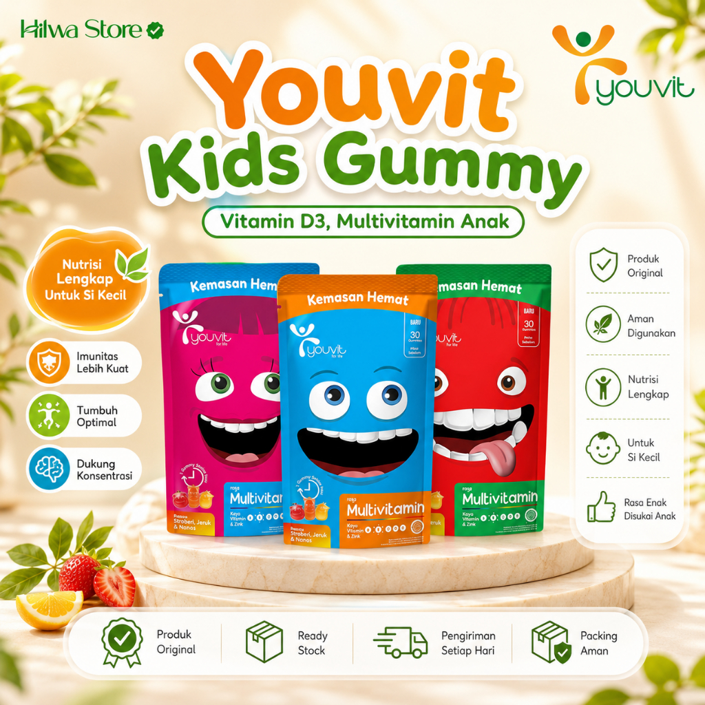 Youvit Kids Gummy - Vitamin D3, Multivitamin Anak, Omega 3 - Gummy Vitamin D Dengan Rasa Yogurt