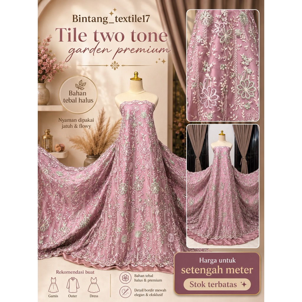 Kain Tile brokat mewah / kain Tile multicolor Embroidery/ kain Bahan gamis kebaya tunik atasan outer