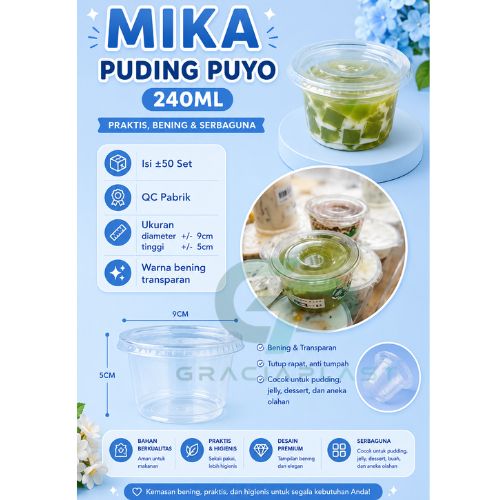 MIKA CUP PUDING PUYO 240ML/ CUP PUDING BENING/ MIKA SILKY PUDING/ GELAS JELLY PREMIUM ISI +/-50PCS