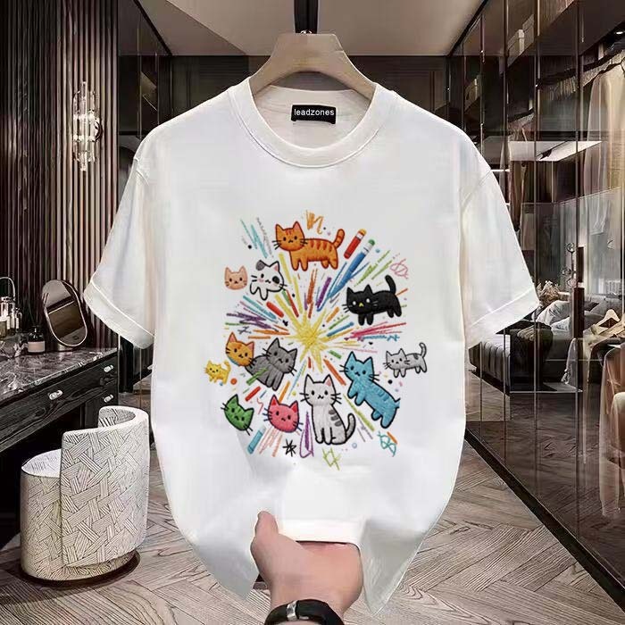 HIGH RAIN American retro Style T-shirt Oversize Original Grafiti Anak Kucing Kembang Api Berwarna-wa
