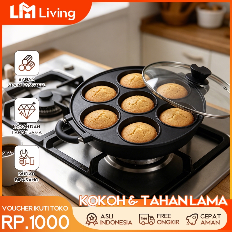 L.M Living – Cetakan Kue 7 Lubang Teflon Anti Lengket – Snack Maker Pan untuk Takoyaki & Martabak Mi