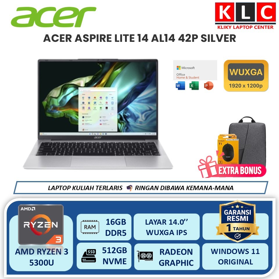 FLASH SALE Laptop Kerja Acer Ryzen 3 5300U 16/512GB WUXGA IPS OHS