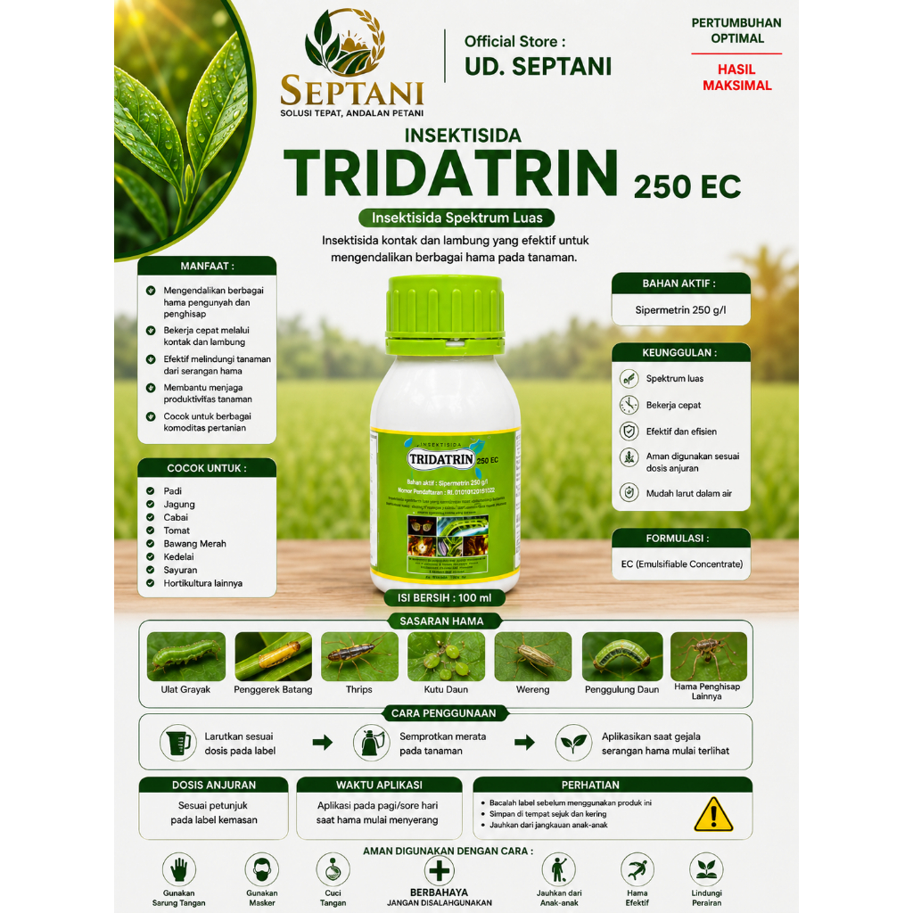 Tridatrin 250 EC Insektisida Sipermetrin 250g/L Obat Ulat Grayak Thrips Kutu Daun Penggerek Buah Tan
