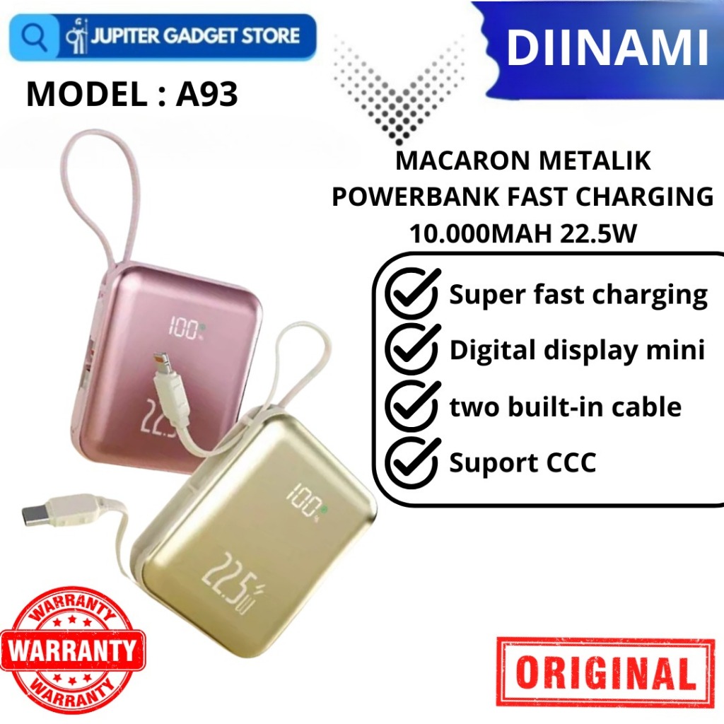 DIINAMI A93 MACARON METALIK Powerbank fast charging 10.000MAH 22.5W  Support CCC