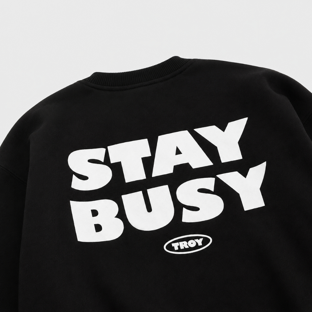 Troy Company Sweater Pria Hitam - STAY BUSY Sweater Sweatshirt Crewneck Black SWD 113