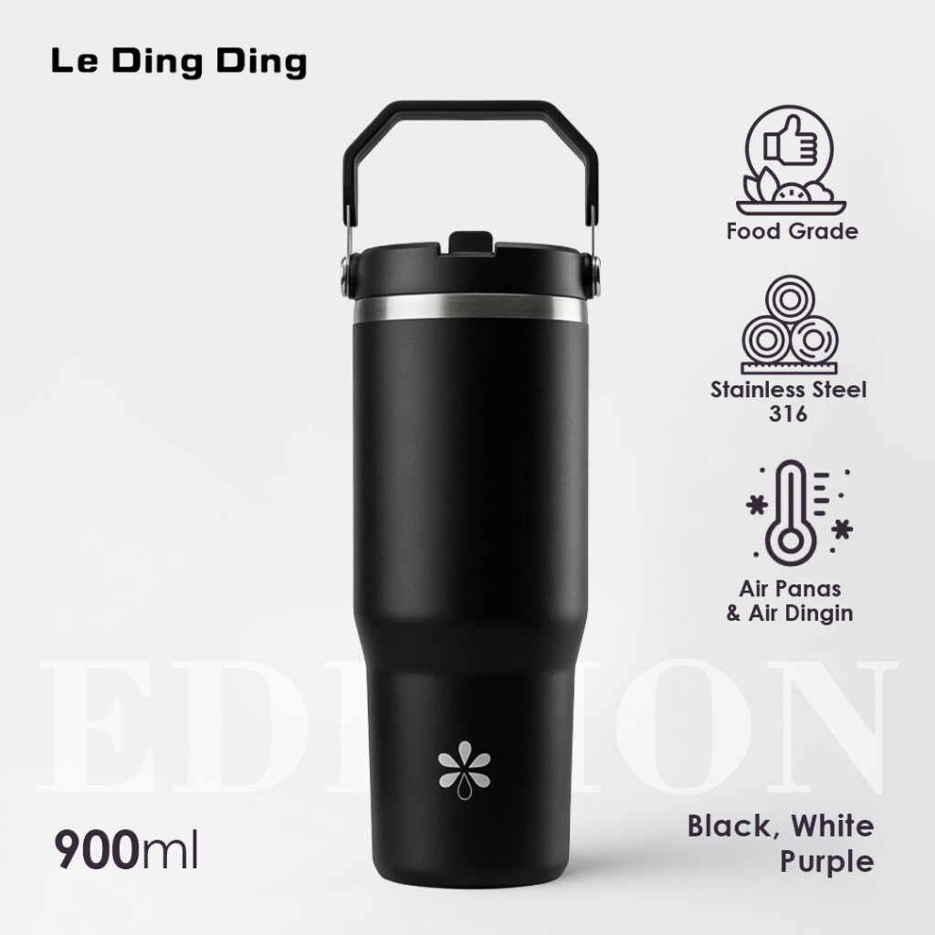 LeDingDing-Botol Minum Tumbler Termos Portable Stainless Steel Handle 2in1 Vacuum Insulated Gelas Mo