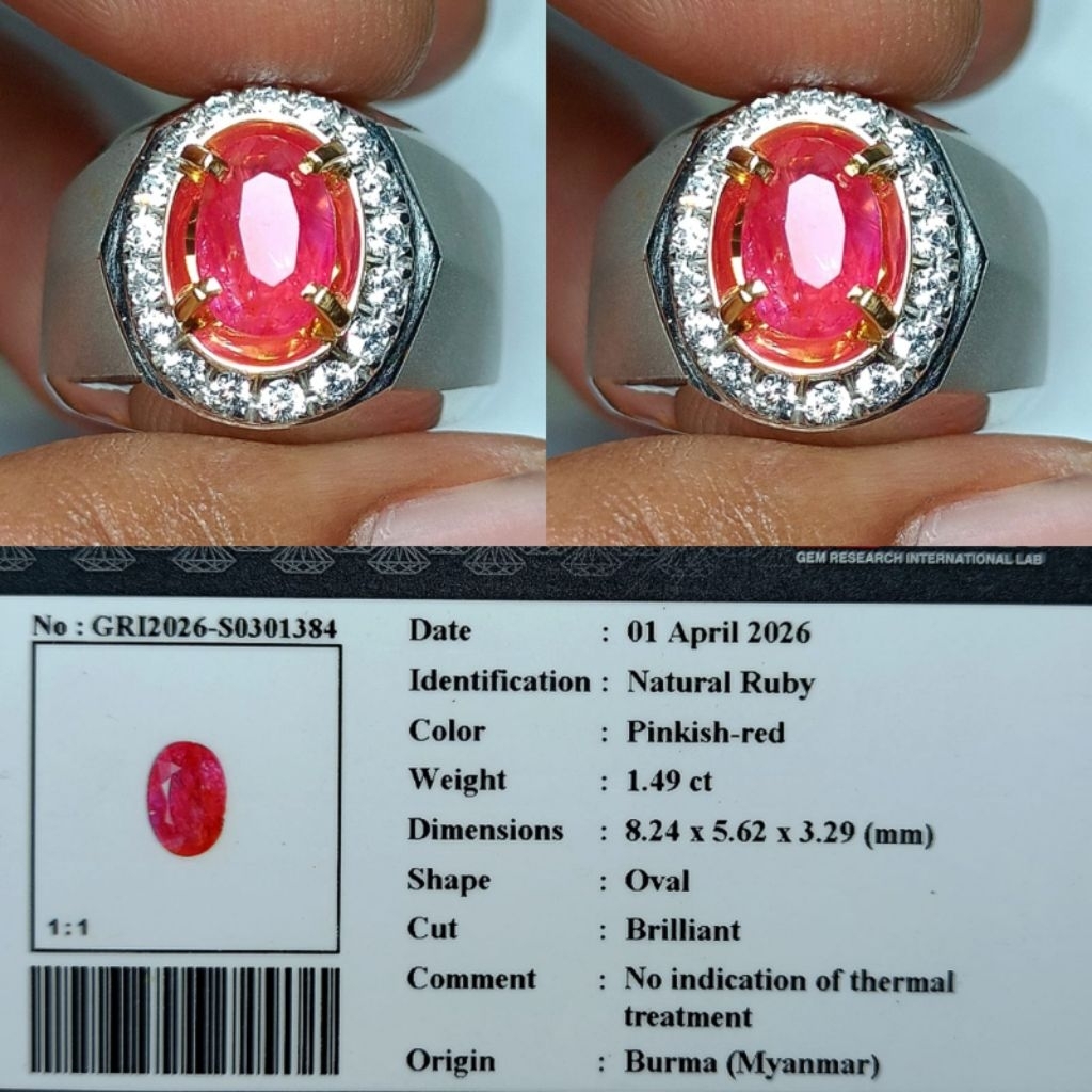 natural Ruby pinkish red Burma ( Myanmar ) memo GRI