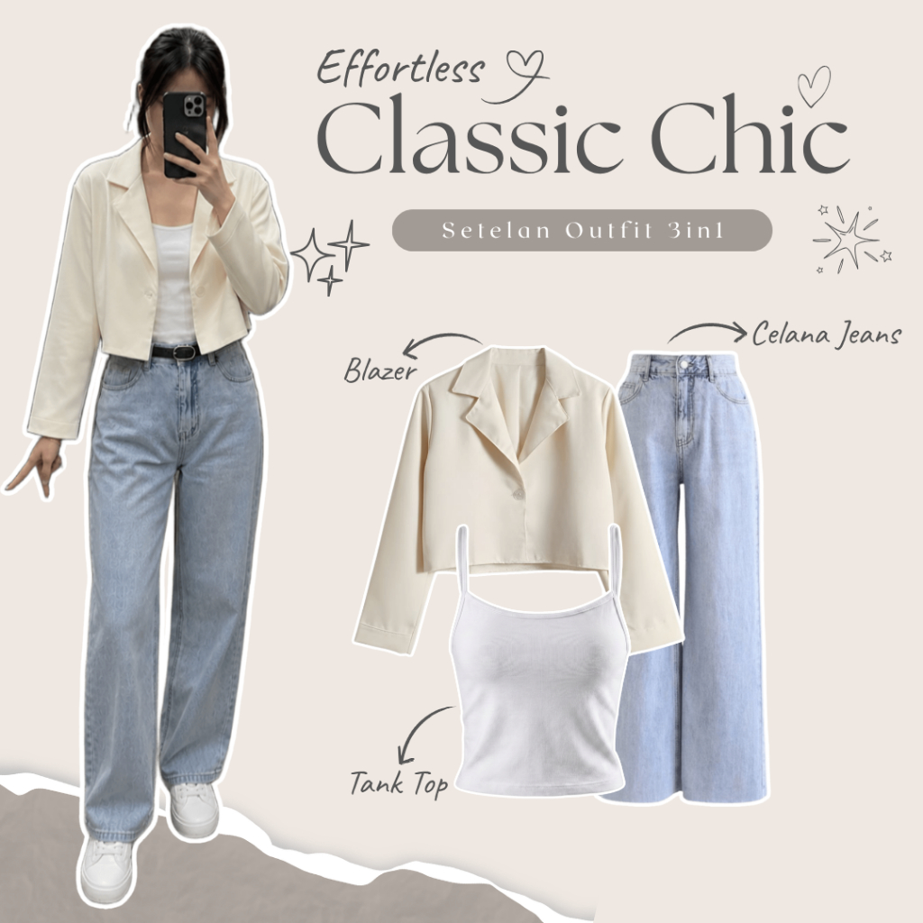 One Set Setelan Wanita | Blazer, Celana Jeans, Tank Top | Outfit Casual Wanita, OOTD Wanita