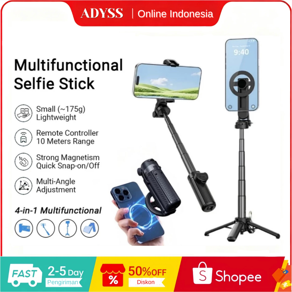 ADYSS T20/T20-C Tongsis Magnetik 3-in-1, Mini Portable, Rotasi 360°, Selfie Stick & Tripod HP
