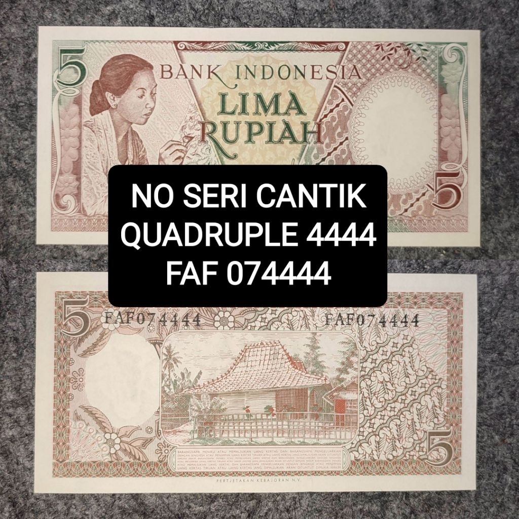 (GRESS/UNC) Nomor seri cantik 5 Rupiah Seri Pekerja Wanita Membatik Tahun 1958