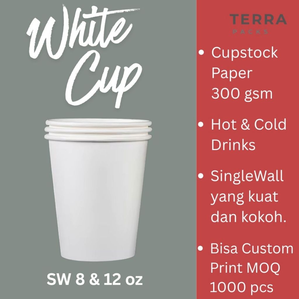 Terra Paper Cup Gelas Kertas Single Wall SW DW 8 oz 12 oz Putih Kraft Polos Bahan Cupstock Paper Teb