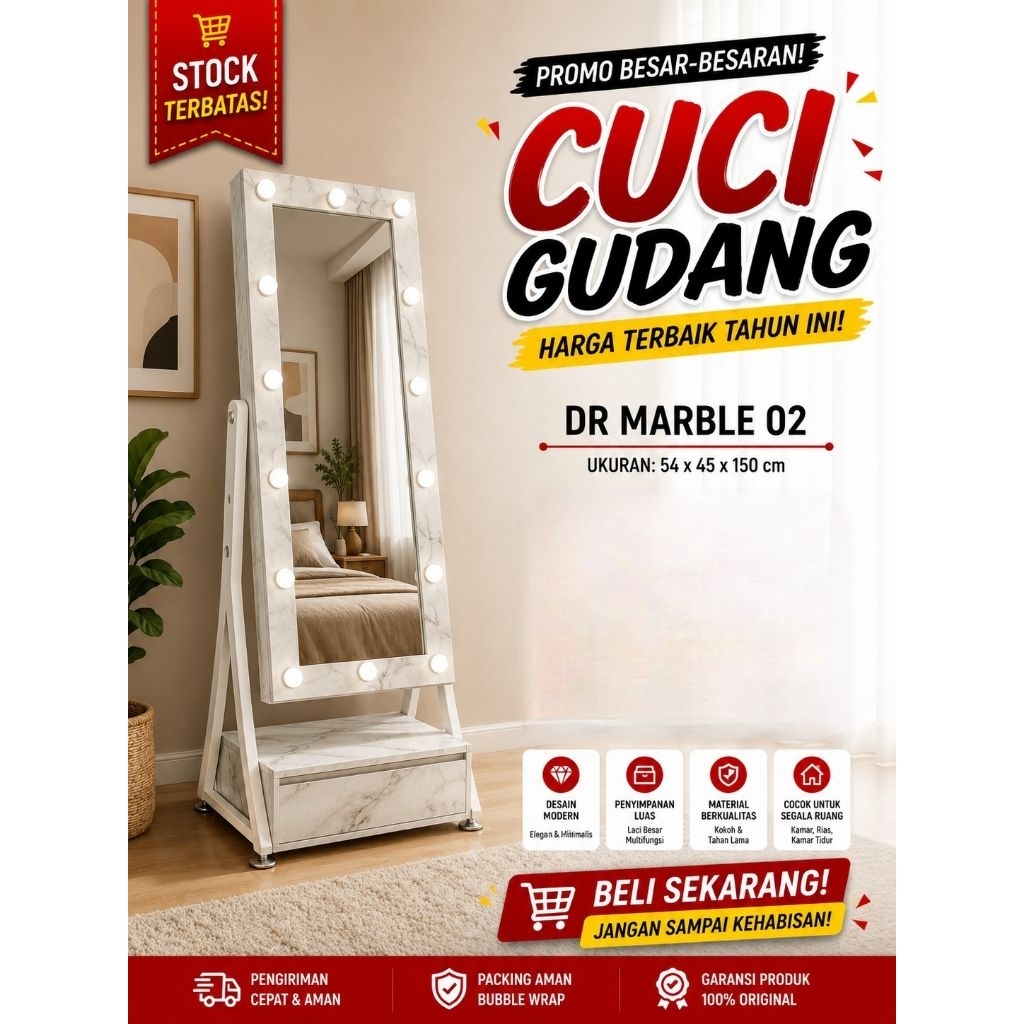 [ JUCCO ] Meja Rias Siantano Lampu Kaca Panjang Marble 02 - Standing Mirror Lampu - Meja Rias Putih 
