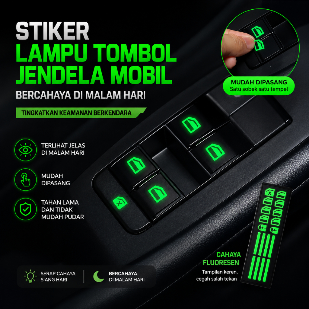 Stiker Tombol Mobil Glow in The Dark - Stiker Luminous untuk Sakelar Pengangkat Jendela, Universal u