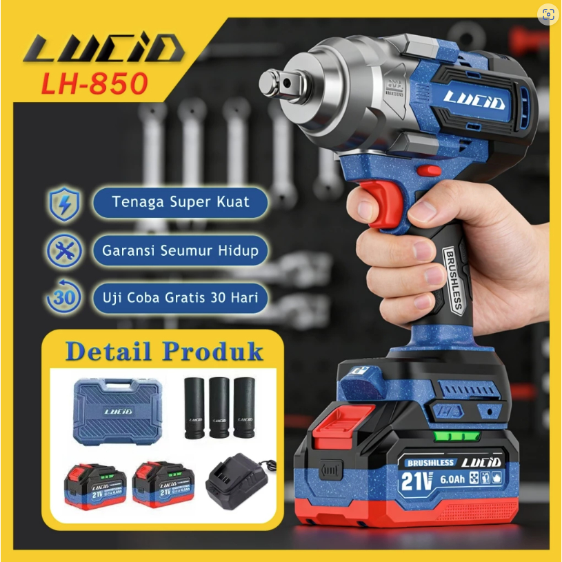Kunci pukul cordless berat LUCID LH850 1500N.M 21V 6.0 EVE baterai (15 sel) - LH-500 Bat 2*