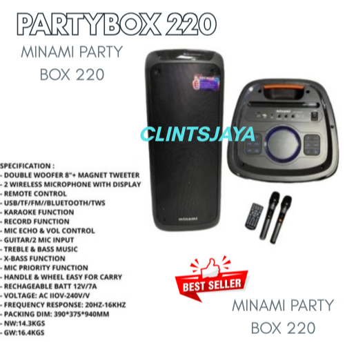 SPEAKER PORTABLE DOUBLE MINAMI PARTYBOX 220 PREMIUM Speaker Partybox-220 Minami 2x8” subwoofer