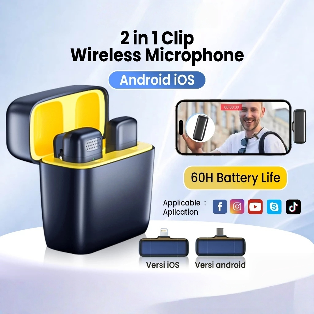 Microphone Wireless Mic Clip on Dual Lavalier Mikrofon Peredam Kebisingan Vlog with Charging Case - 