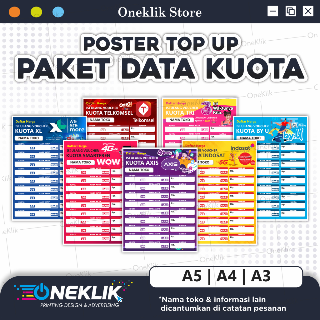 Poster Daftar Harga Paket Data Kuota / Poster Konter Daftar Harga Paketan / Poster Harga Kuota Murah