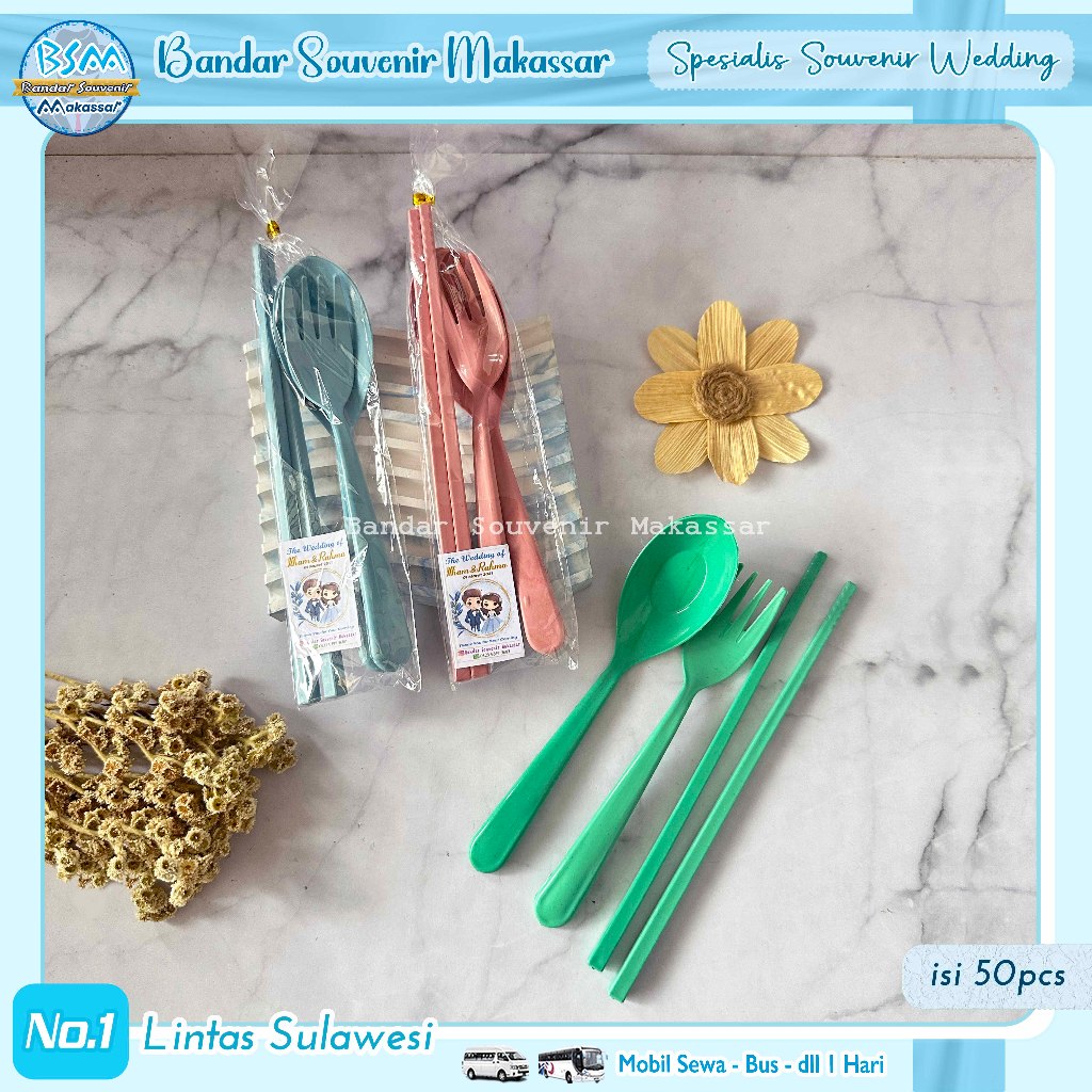 ( isi 50 pcs ) Souvenir Sendok Garpu Sumpit LOKAL Set Travel Kemas PLASTIK Makassar Manado Kendari