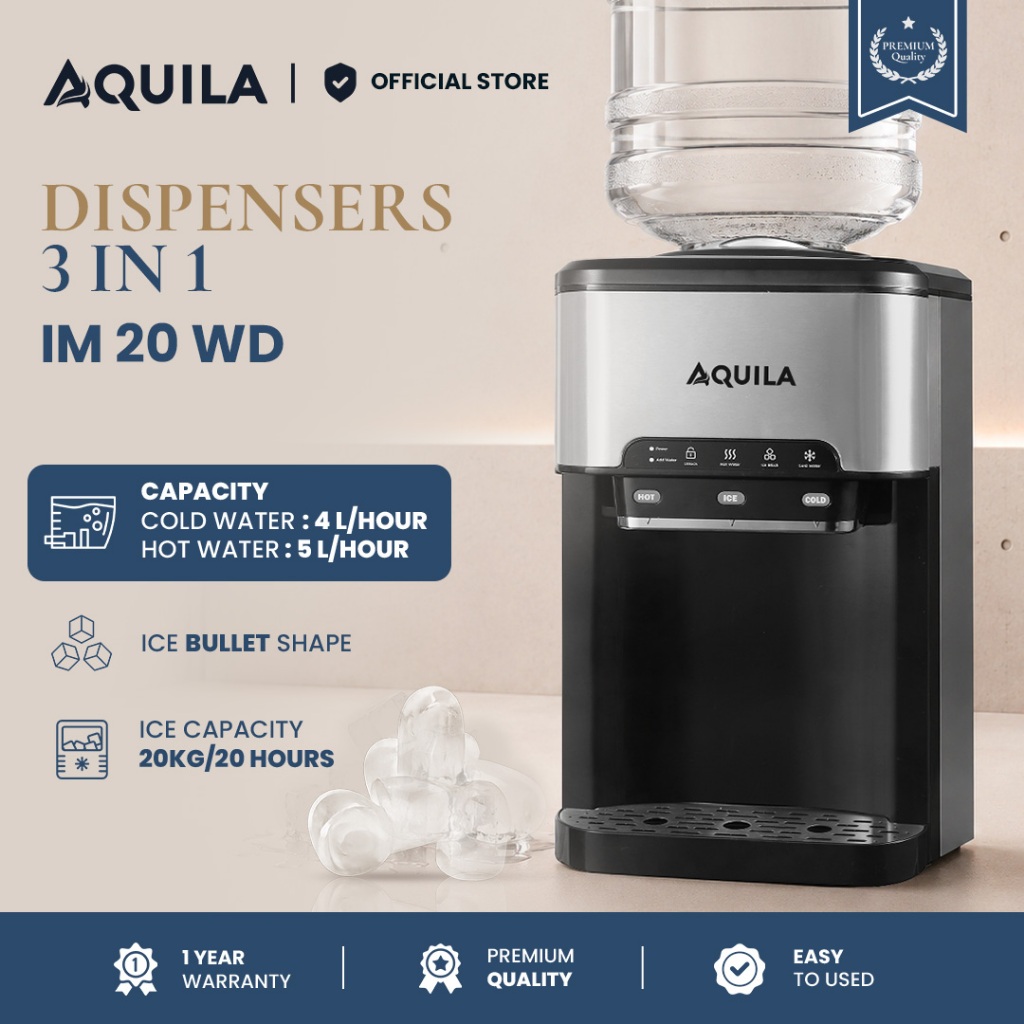 Aquila Dispenser Multifungsi 3in1 IM 20 WD  Dispenser Air Panas & Dingin dan Mesin Es Batu 20kg/24ja