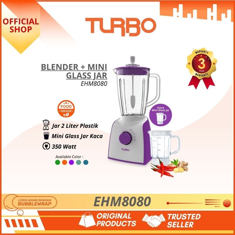 Turbo Blender Plastik Plus Mini Glass Jar/Penggiling Bumbu Basah EHM8080 - 4 Varian Warna Original