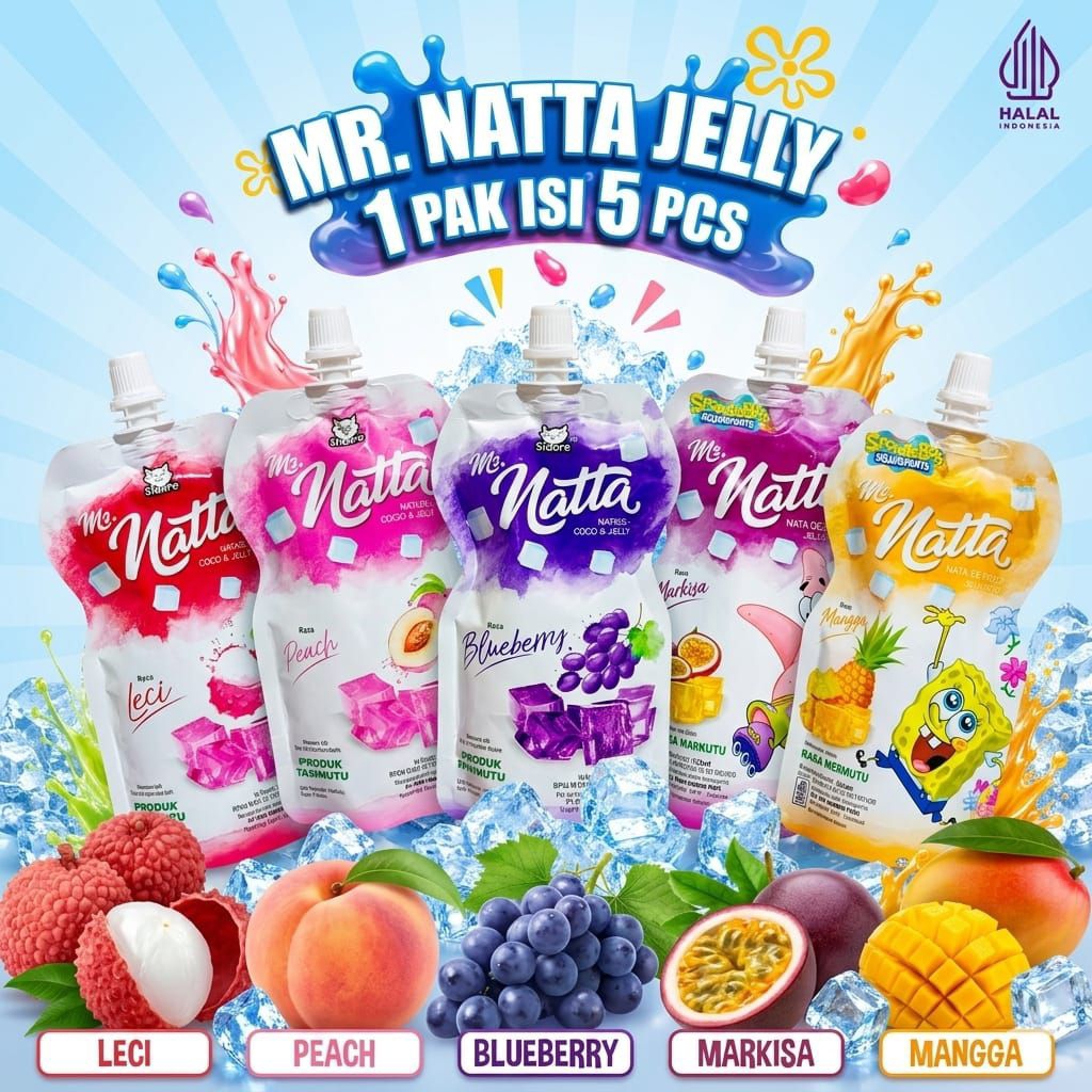 Sidore Mr Natta Jelly 126ml x 5 Pcs, Blueberry, Peach, Leci, Nanas,  Markisa