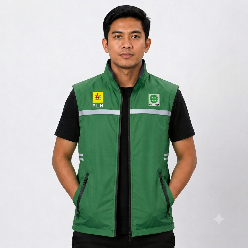 Rompi Taslan Distro Logo K3 PLN Indonesia Waterproof Rompi Vest Kasual Zipper K3 PLN Pria Wanita Wat