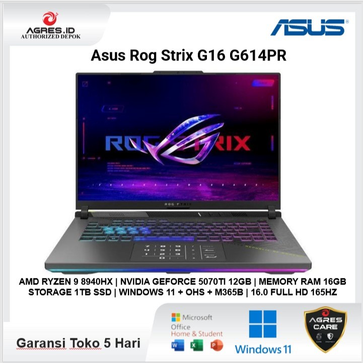 Laptop Asus Rog Strix G16 G614PR Ryzen 9 8940HX RTX5070TI 12Gb/ 16Gb 1Tb W11+OHS+M365B 16.0FHD+ 165H