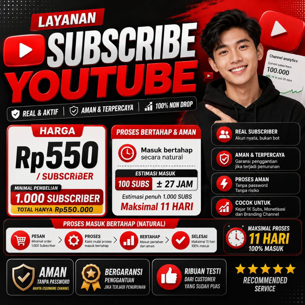 SUBSCRIBE YOUTUBE REAL & AKTIF | Rp550/Subs | Minimal 1000 Subs | Proses Bertahap Aman