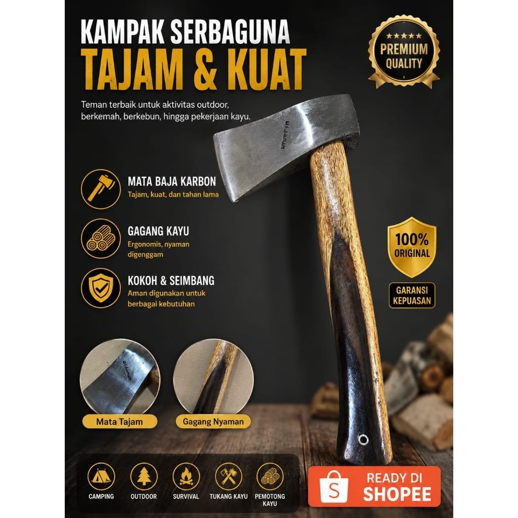 Kampak Serbaguna Baja Karbon Tajam Kuat Gagang Kayu Kapak Potong Kayu Camping Berkebun