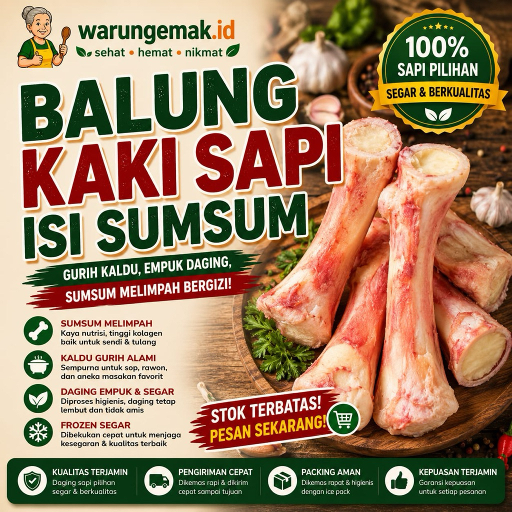 Balung Kaki Sapi Isi Sumsum Premium Fresh Frozen Tulang Sapi Sumsum Melimpah untuk Sop dan Kaldu