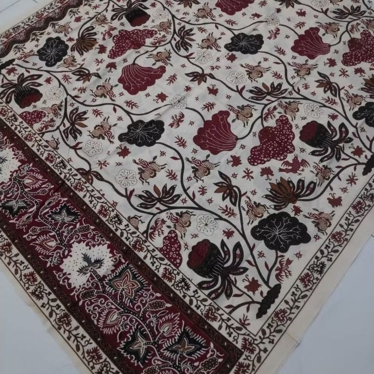(ORIGINAL) KAIN BATIK LAWEYAN SOLO ENCIM MAROON BUNGA TERATAI AKAR HITAM MERAH MAROON