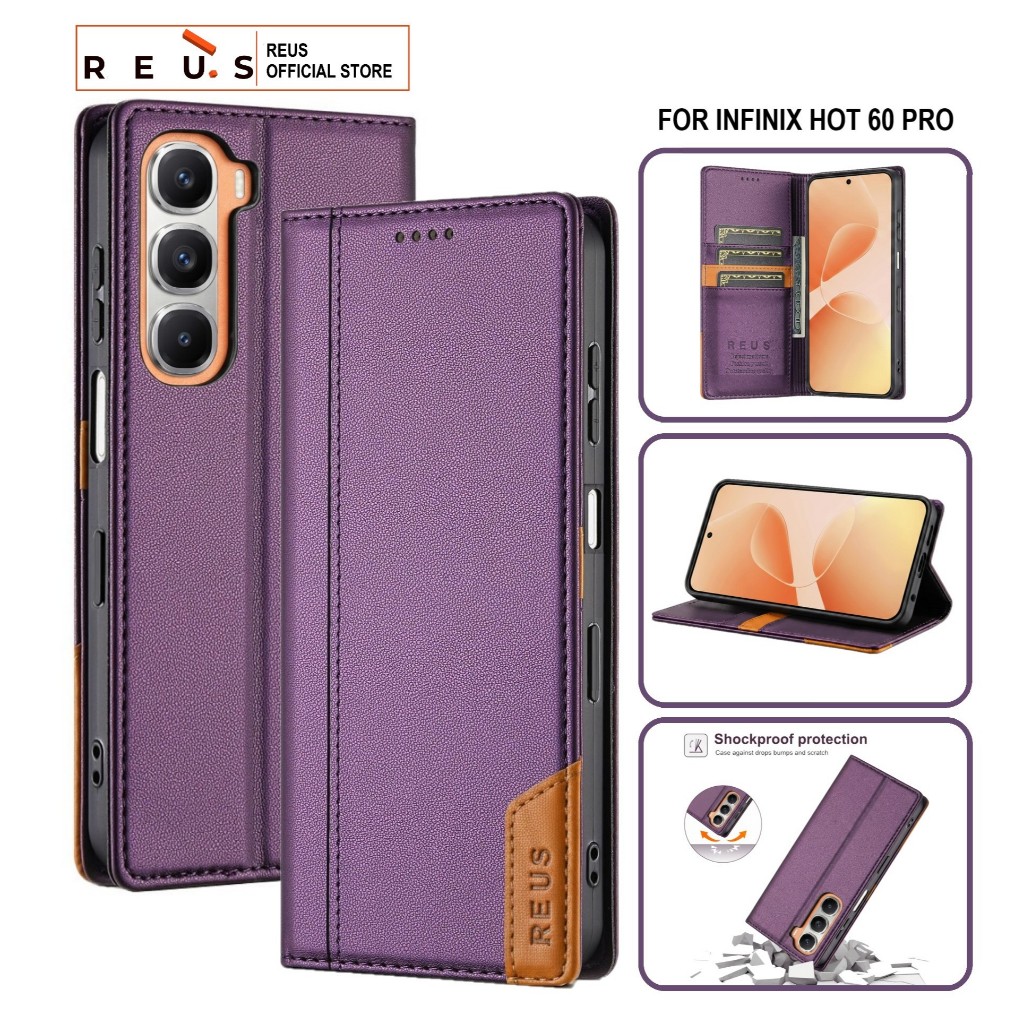 Reus Leather Case Flip Infinix Hot 60 Pro Premium Magnet Shockproof Cover - REUS Official Store
