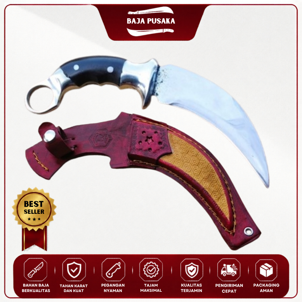 Kerambit Custom Baja HSS Super Tajam Pisau Outdoor Camping Handle Kayu Sonokeling Sarung Kulit | Kod