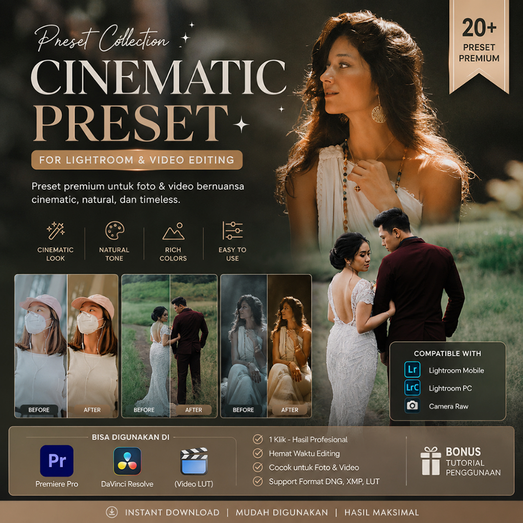 150+ Preset Lightroom Premium Cinematic – Android, PC, Premiere Pro & DaVinci Resolve | DNG, XMP & L