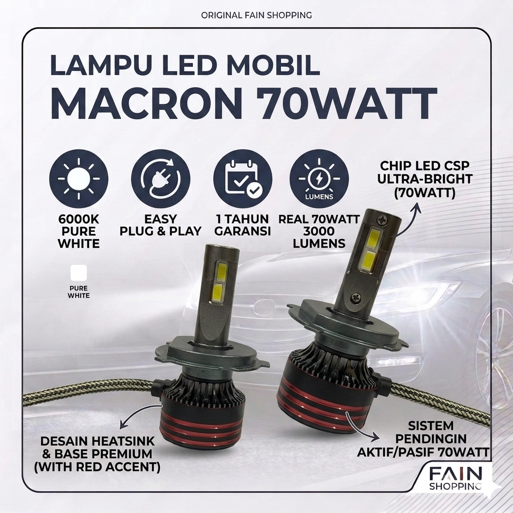 LAMPU LED MOBIL MACRON 70WAT H4 H11 H7 HB3 HB4 HIR2 H1 Super Terang 70W Lampu Utama Depan & Foglamp 