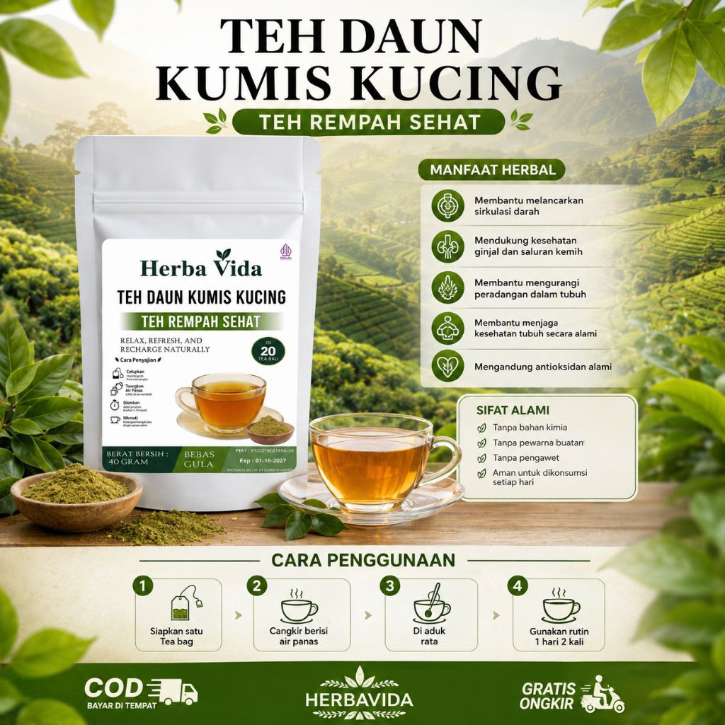 Teh Kumis Kucing Premium – Herbal Batu Ginjal | Peluruh Kencing Alami | Daun Kumis Kucing Kering isi