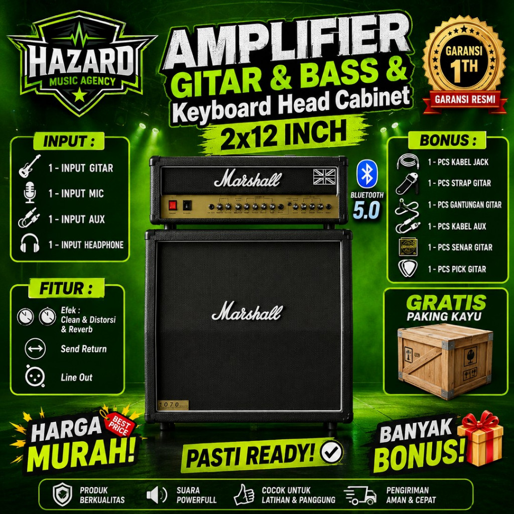 Ampli Gitar & Bass 2x12 Inch Bluetooth Marshall bisa untuk karaoke 3 Input Head Cabinet