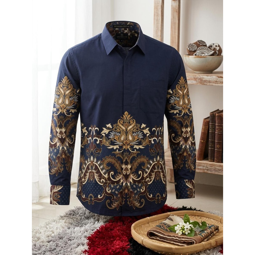 Kemeja Batik Pria Mahendra Navy Gold Premium