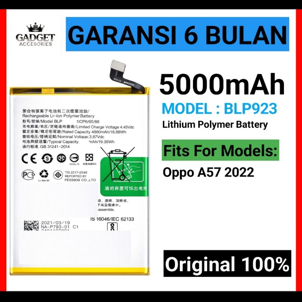 Baterai Compatible Untuk Oppo A57 2022 BLP923 Original batrei batrai batre battery ORI Dan Berkualit