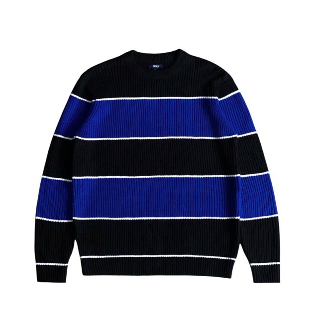 Spao stripes acrylic knitted sweater black blue white crewneck stripe knit knitwear rajut garis gari