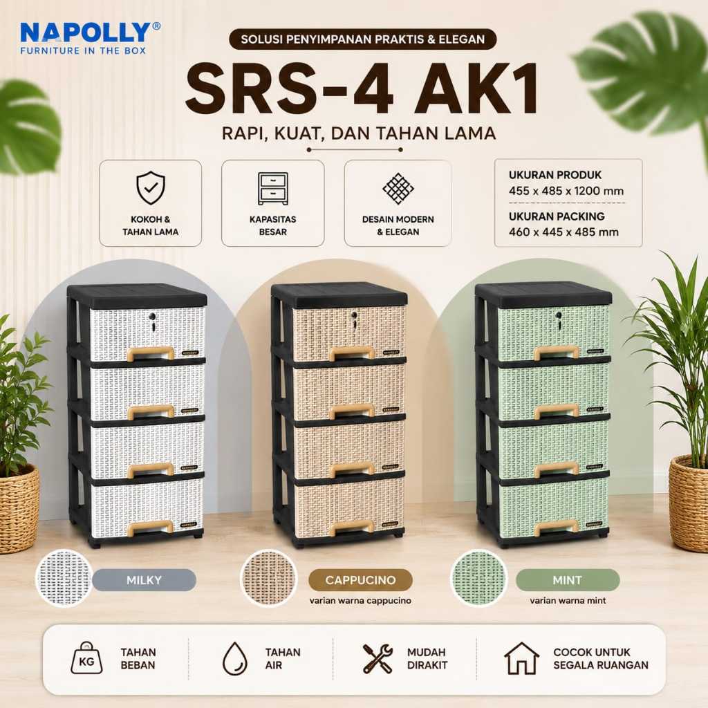 Lemari Plastik Napolly SRS 4 AK1 & SRS 5 AK1 Laci Susun 4&5 Kuat Motif Rotan