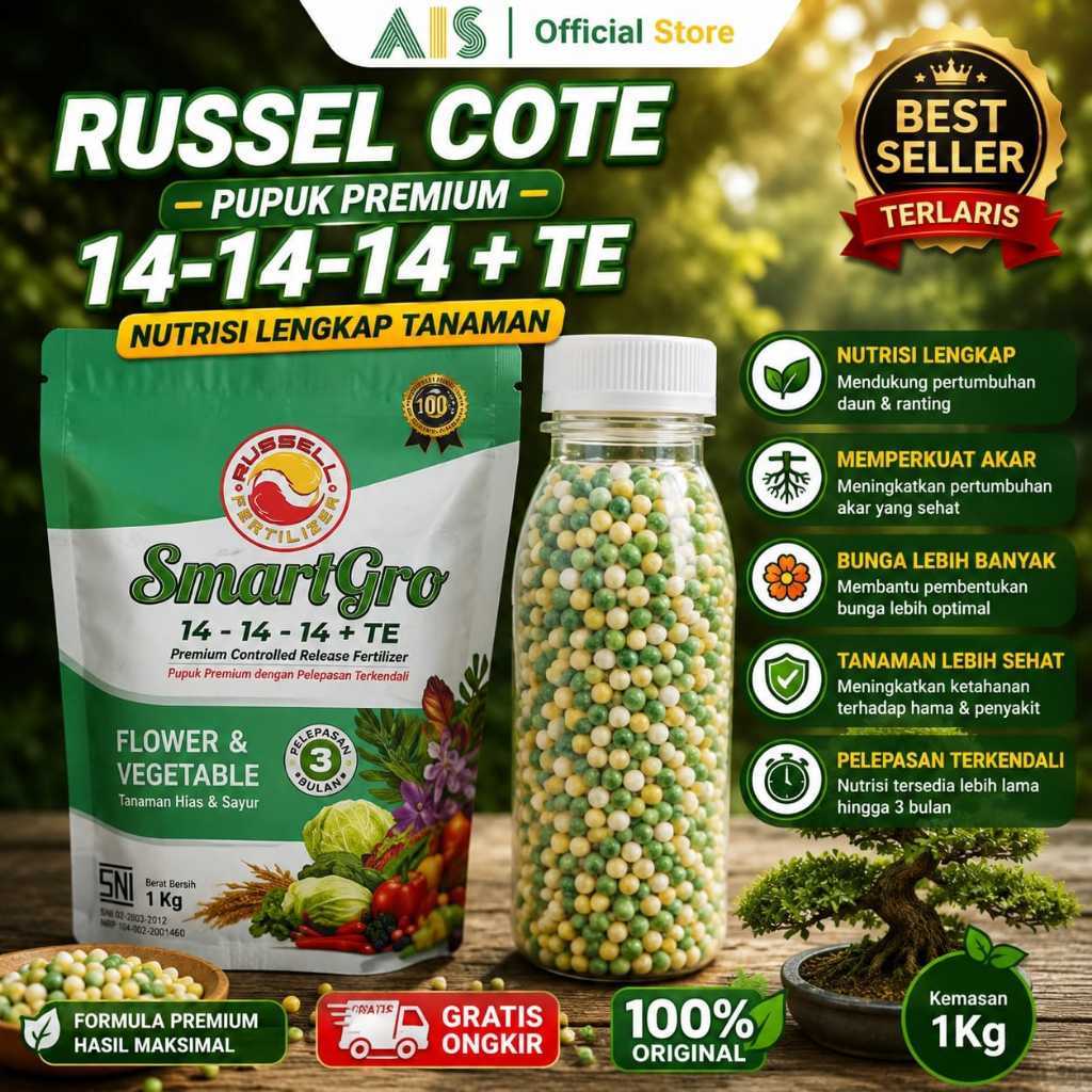 Pupuk Russel Cote SmartGro 14-14-14+TE 100gr Asli | Pupuk Bonsai Premium Slow Release Pelepasan 3 Bu