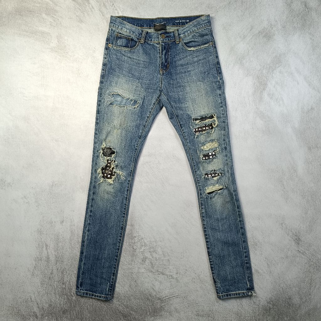 Saint Laurent Hedi Slimane Studded Leather Patch Distressed Skinny Jeans
