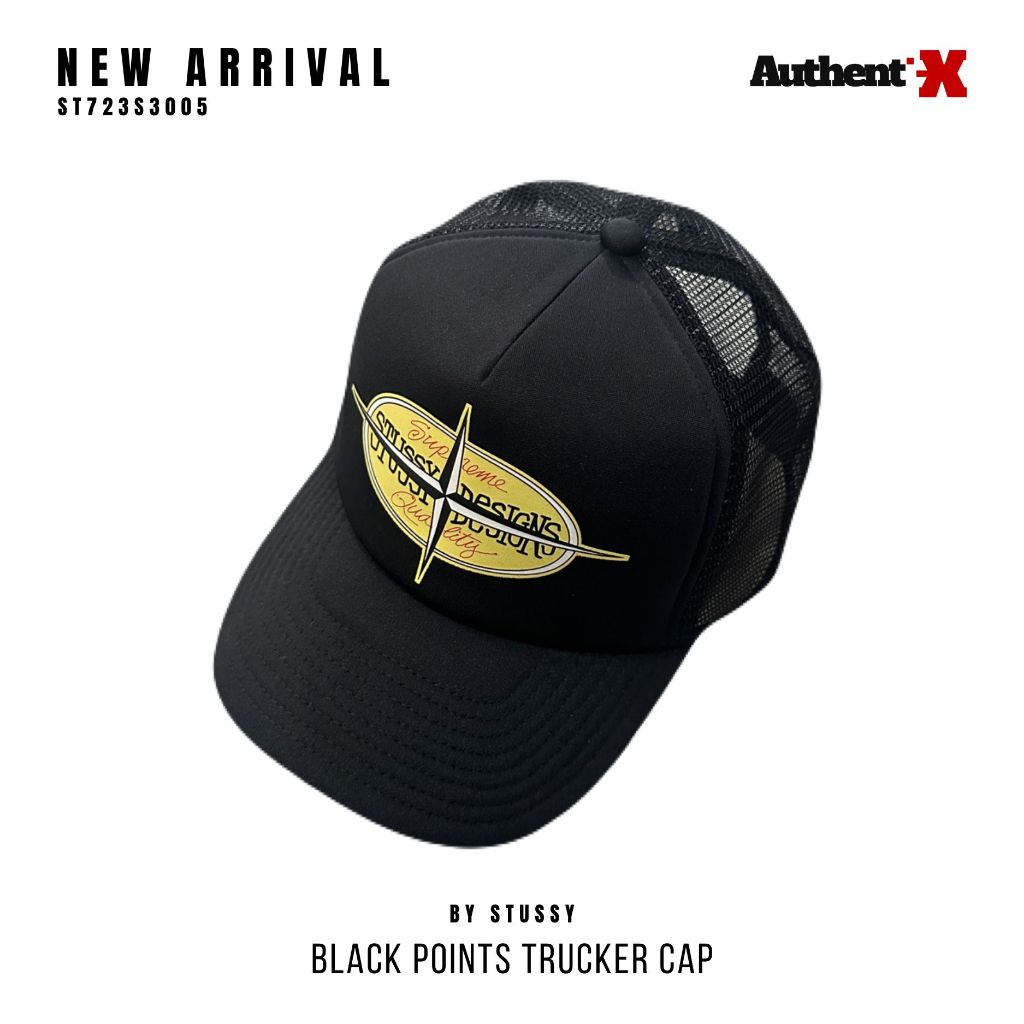 STUSSY POINTS TRUCKER CAP HAT - BLACK