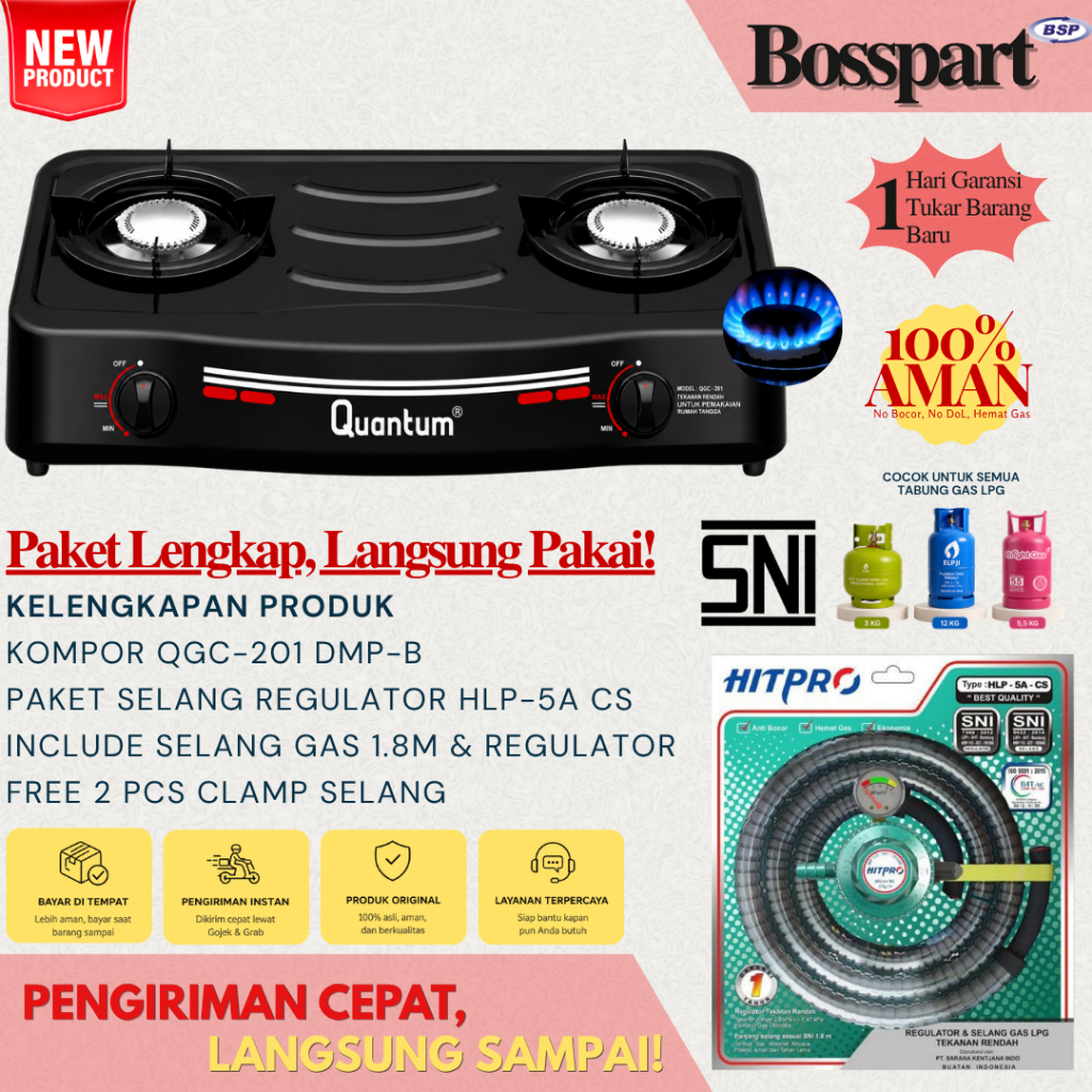 Paket Kompor QUANTUM 2 tungku QGC 201DMPB / QGC-201DMPB / bonus Selang Regulator Gas Hitpro