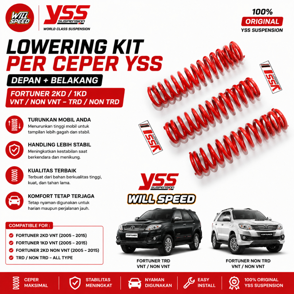 PER YSS CEPER LOWERING KIT FORTUNER 2KD 1KD VNT NON VNT TRD NON TRD DEPAN+BELAKANG