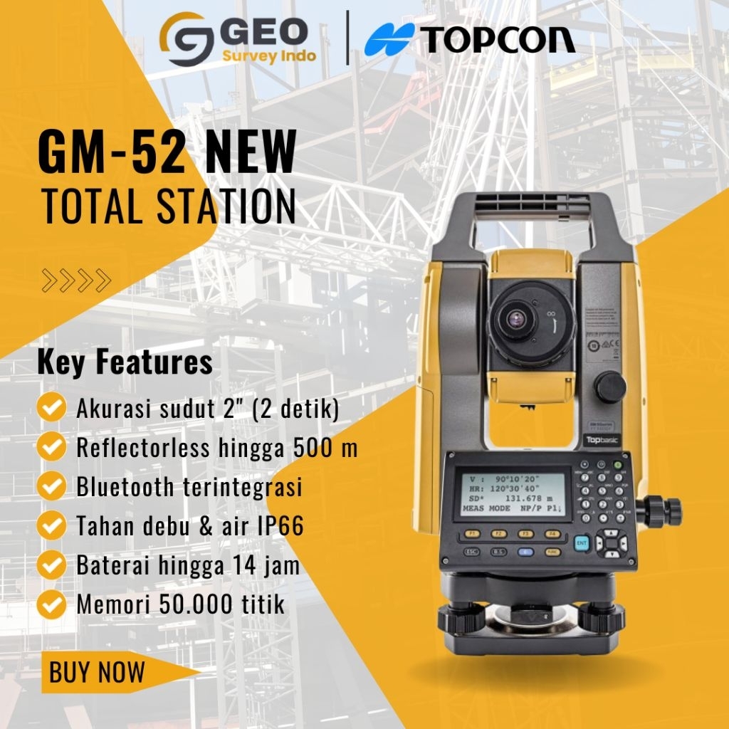 Topcon Total Station GM-52 Baru Full Set Siap Pakai Akurasi 2" Reflectorless 500m Bluetooth IP66 Bat