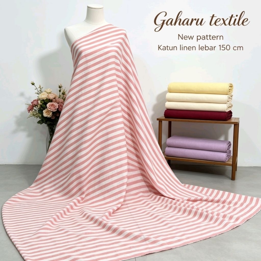 bahan katun linen premium - katun linen motif salur - katun linen meteran - linen uniqlo