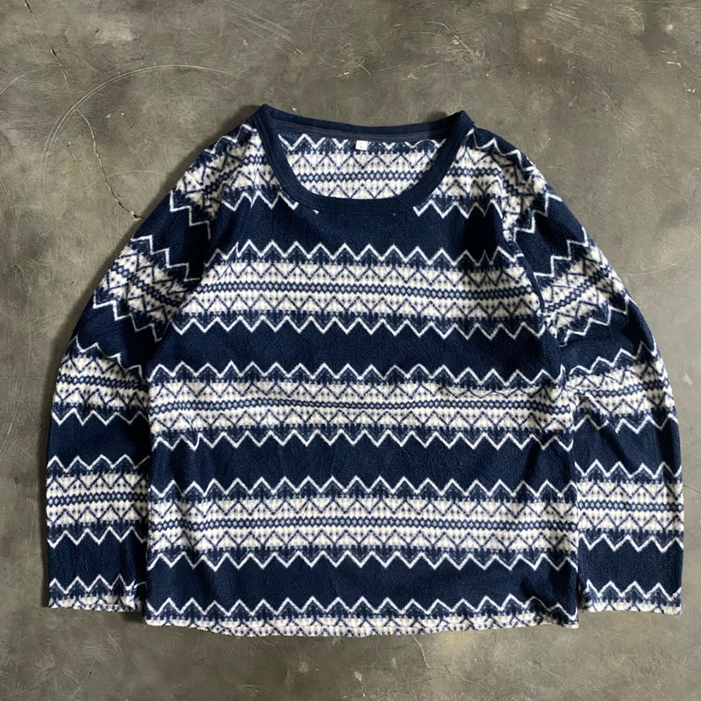 JF 147 - Unbrand Motif Navajo Blue - Long Sleeve Fleece Sherpa Sweater Crewneck Bulu Outdoor - Japan