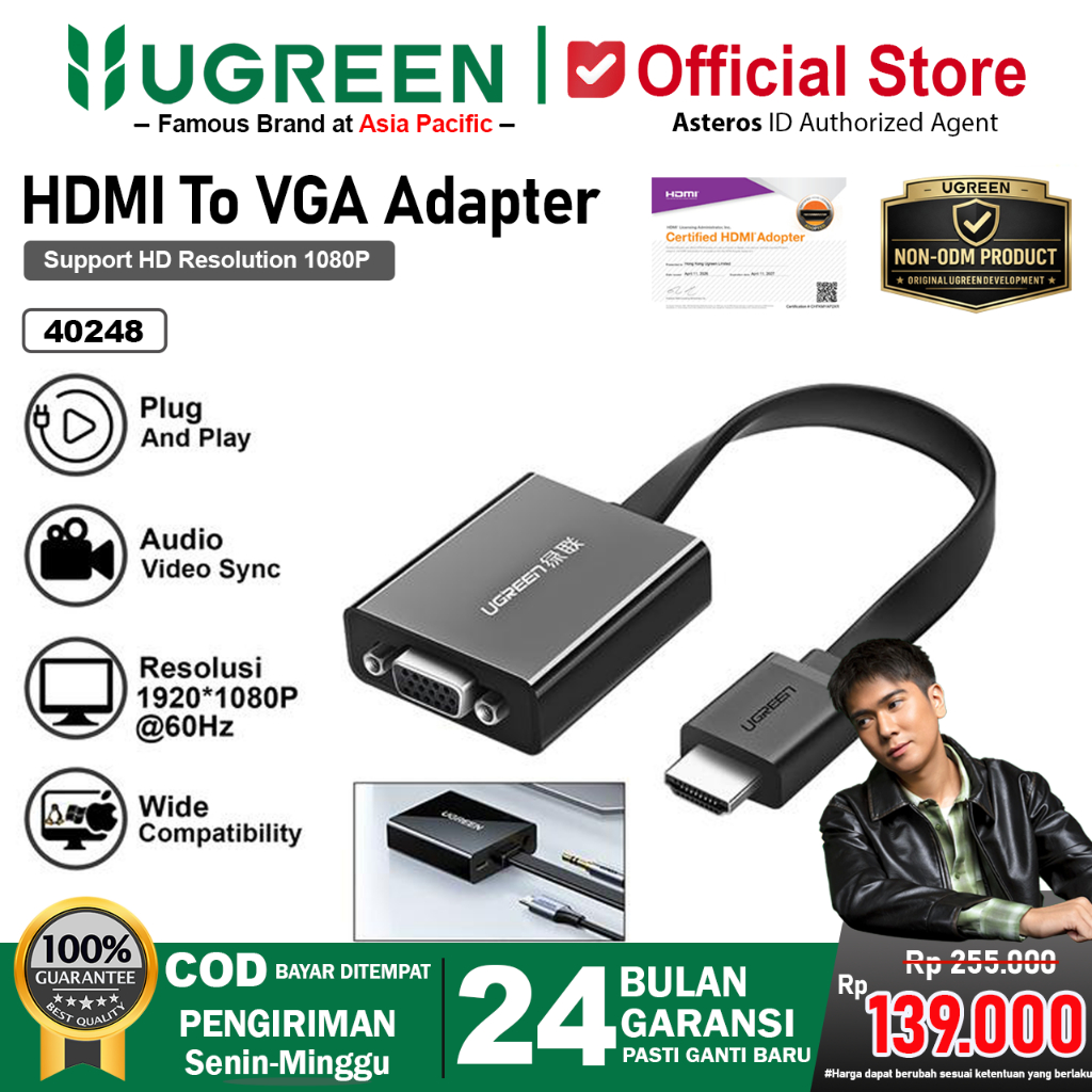 UGREEN Kabel Converter HDMI To VGA Female 1080P For PC Laptop TV Proyektor 40248